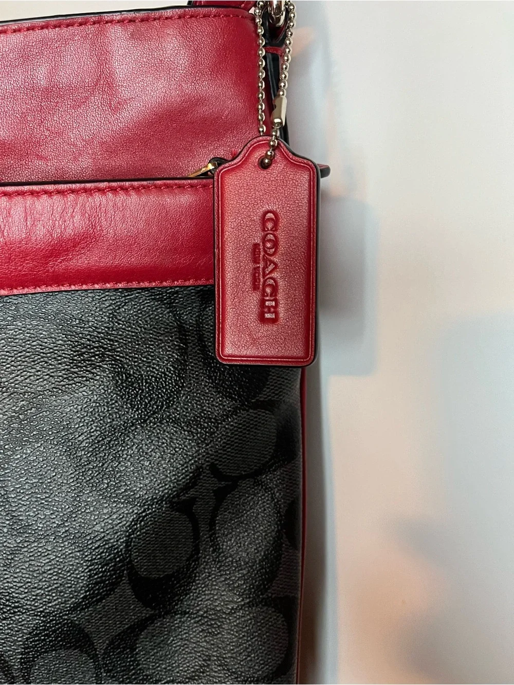 Coach Black Signature Coated Canvas Crossbody with Red Trim